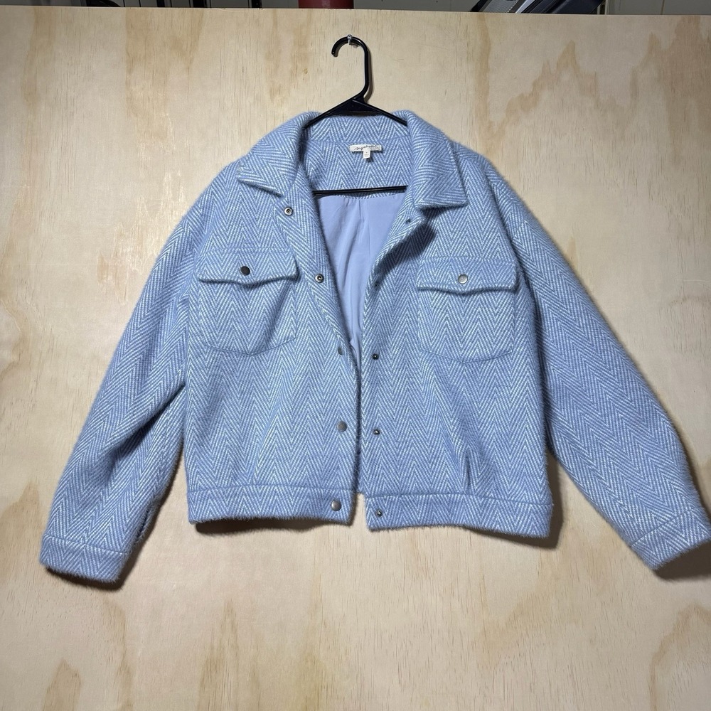 Mystree Women's M Blue Herringbone Wool Blend Cropped Shacket Snap Front Jacket